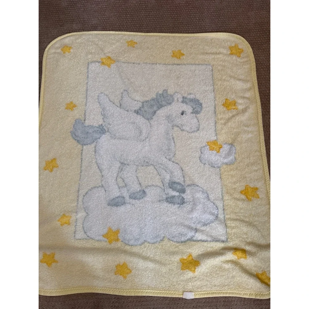 Vintage Style Pegasus Star Clouds Yellow Plush Fleece Baby Blanket 41x49